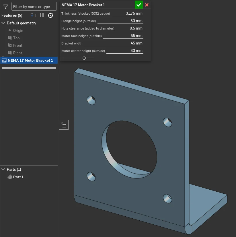 The generated NEMA 17 motor bracket in an Onshape Part Studio, with the feature dialog open showing thickness, flange height, hole clearance, motor face height, bracket width, and motor center height as inputs