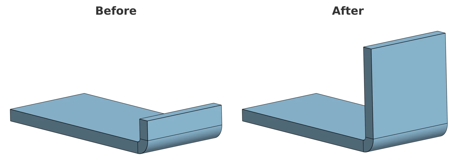 The Flange part before and after the fix, with its short bent leg lengthened from 0.375 inches to 1.125 inches