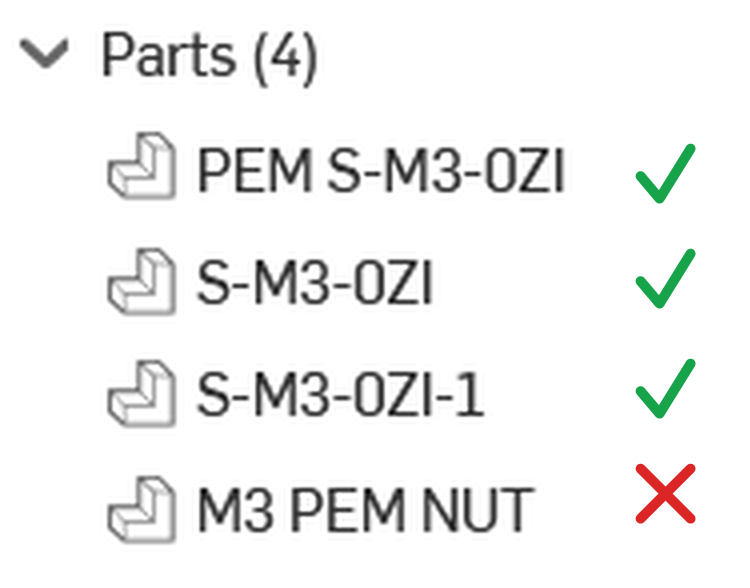 Four part names in a CAD parts list: PEM S-M3-0ZI, S-M3-0ZI, and S-M3-0ZI-1 marked correct, M3 PEM NUT marked wrong
