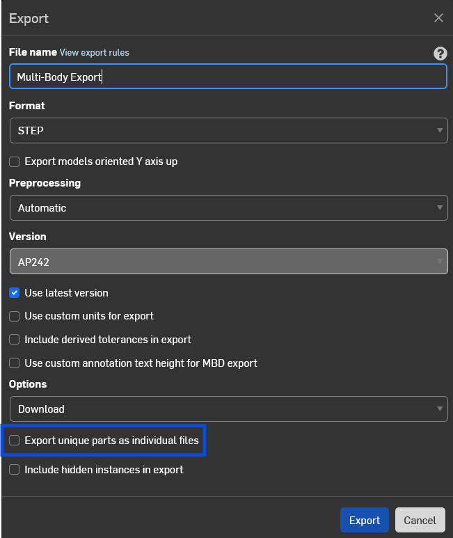 Onshape STEP export dialog with the "Export unique parts as individual files" option unchecked