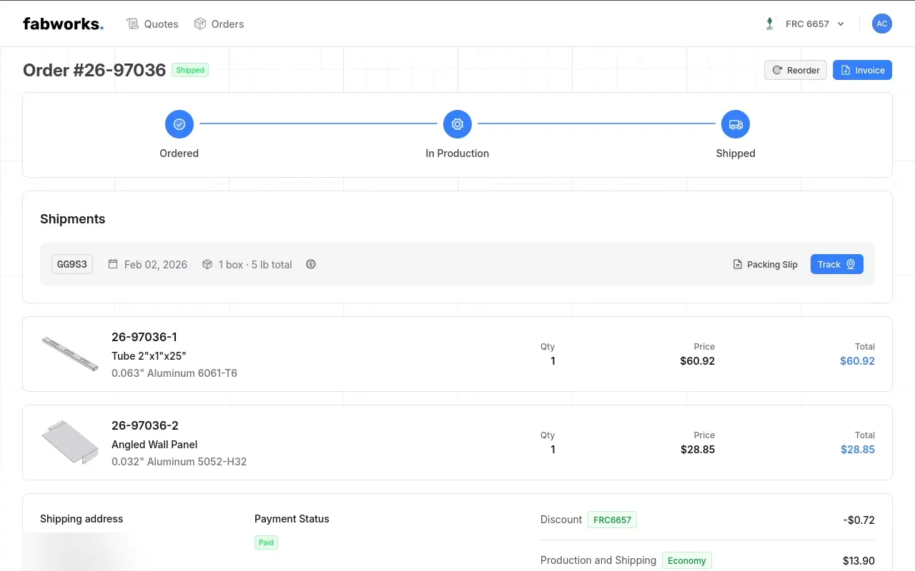 Clicking Reorder on a past Fabworks order to create a new quote with the same parts and settings