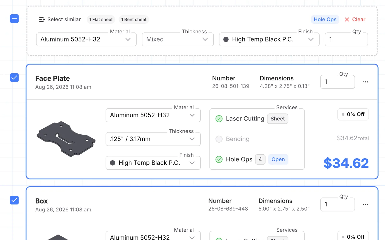 Two selected quote parts with a shared editing bar for material, thickness, finish, quantity, and hole operations